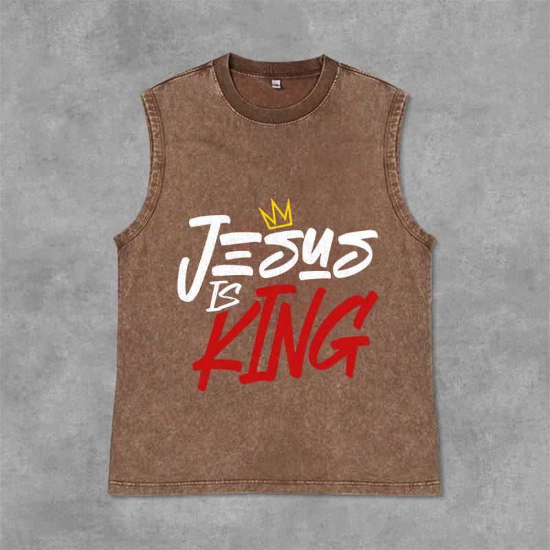Christianartworkshop JESUS IS KING Unisex Washed Tank Top - Brown - 2XL - image 9