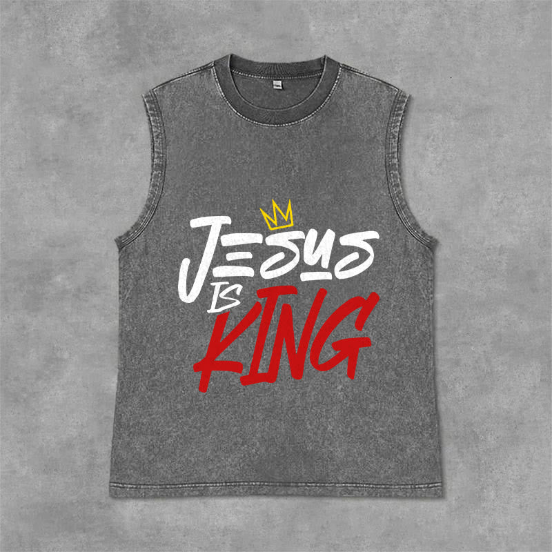 Christianartworkshop JESUS IS KING Unisex Washed Tank Top - Grey - 2XL - image 12