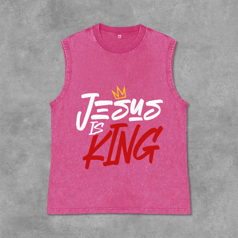 Christianartworkshop JESUS IS KING Unisex Washed Tank Top - Pink - 2XL - image 0
