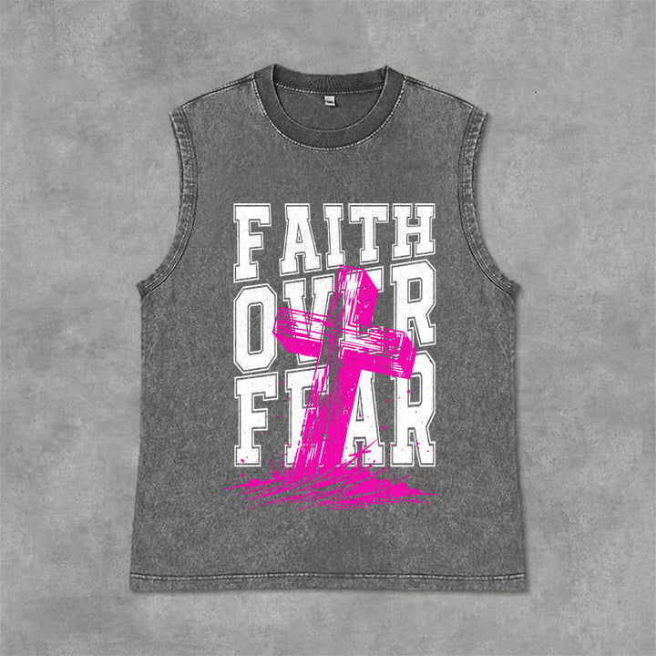 Christianartworkshop FAITH OVER FEAR Unisex Washed Tank Top - Grey - 2XL - image 6