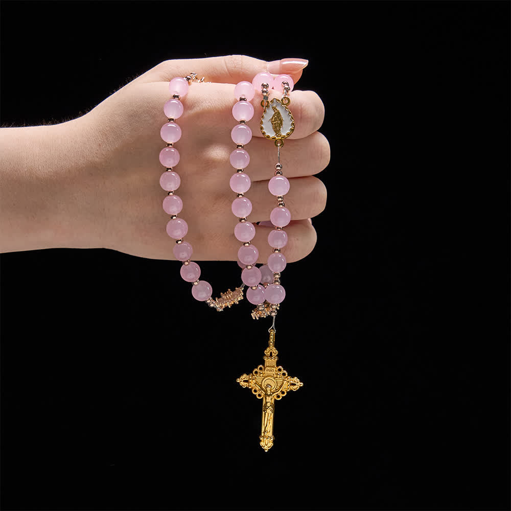 Christianartworkshop Light Pink Glass Rosary with Sunflower Our Father Beads & Our Lady Center - image 1