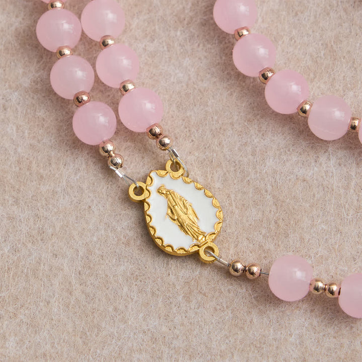 Christianartworkshop Light Pink Glass Rosary with Sunflower Our Father Beads & Our Lady Center - image 5