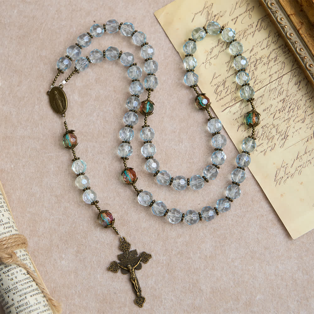 Christianartworkshop Antique Bronze Our Lady Heirloom Rosary with Iridescent Blue Glass - image 4