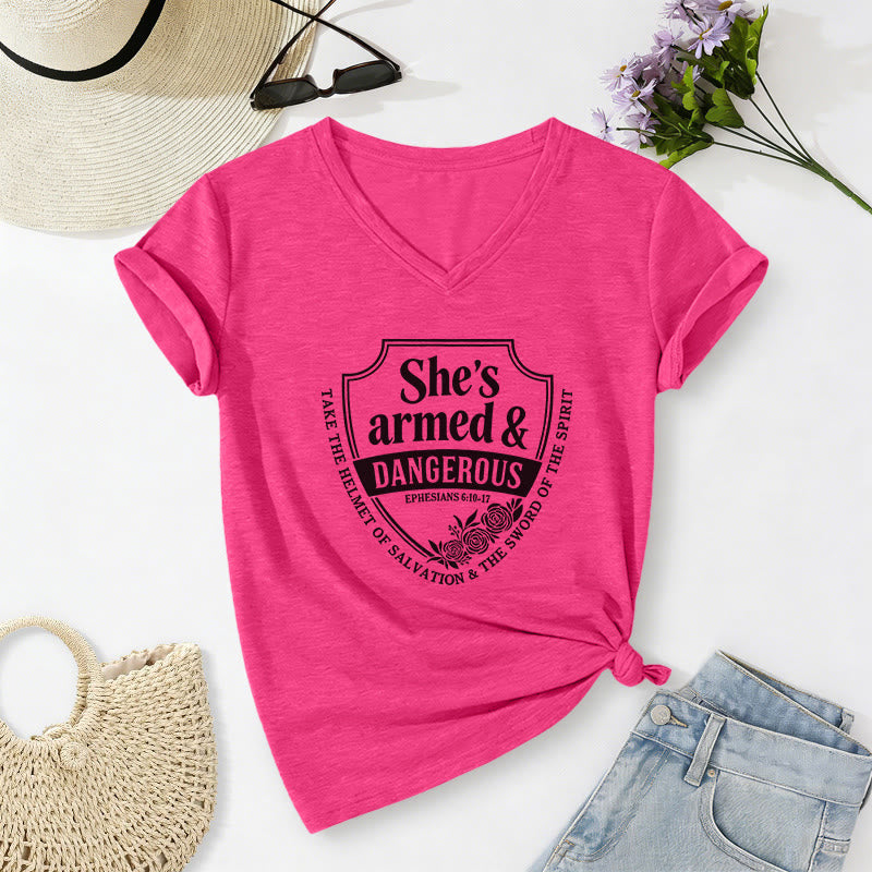 Christianartworkshop She's Armed & Dangerous Casual V-neck T-shirt - Rose - 2XL - image 24
