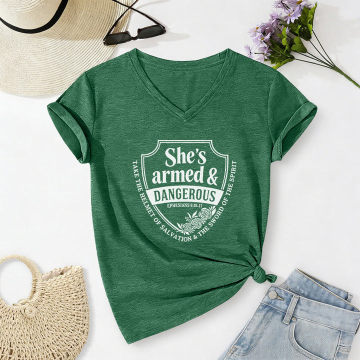 Christianartworkshop She's Armed & Dangerous Casual V-neck T-shirt - Dark Green - 2XL - image 16