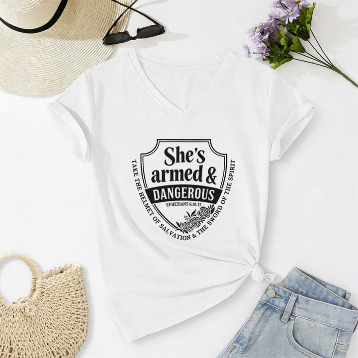 Christianartworkshop She's Armed & Dangerous Casual V-neck T-shirt - White - 2XL - image 4