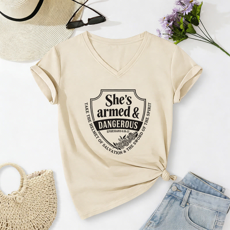 Christianartworkshop She's Armed & Dangerous Casual V-neck T-shirt - Beige - 2XL - image 6