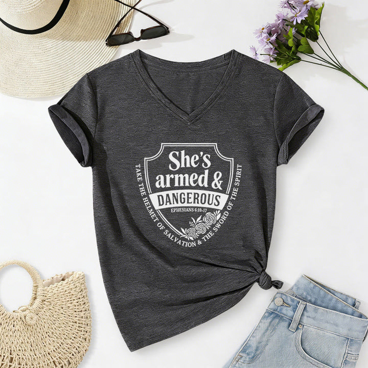 Christianartworkshop She's Armed & Dangerous Casual V-neck T-shirt - Dark Grey - 2XL - image 20