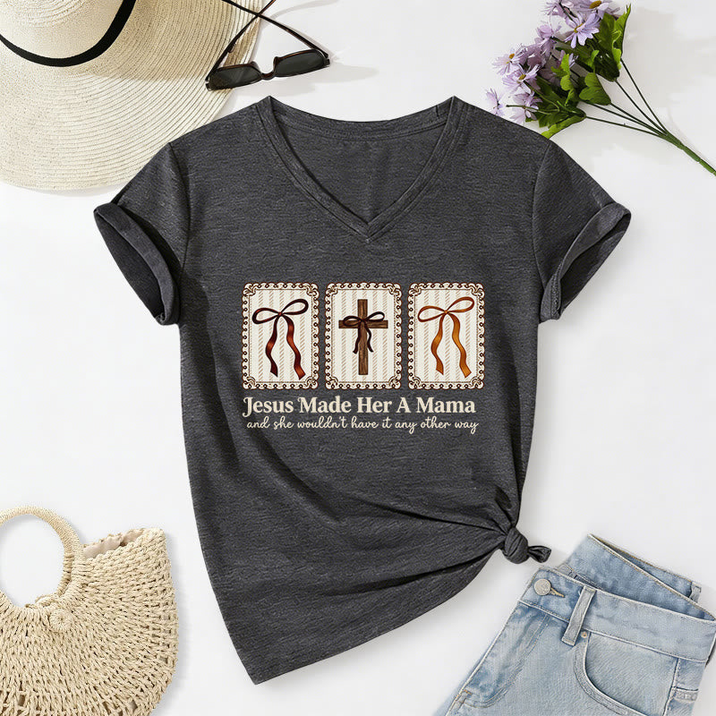 Christianartworkshop Jesus Made Her A Mama Casual V-neck T-shirt - Dark Grey - 2XL - image 20
