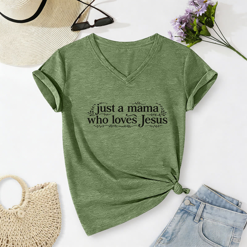 Christianartworkshop Just A Mama Who Loves Jesus Casual V-neck T-shirt - Olive Green - 2XL - image 2