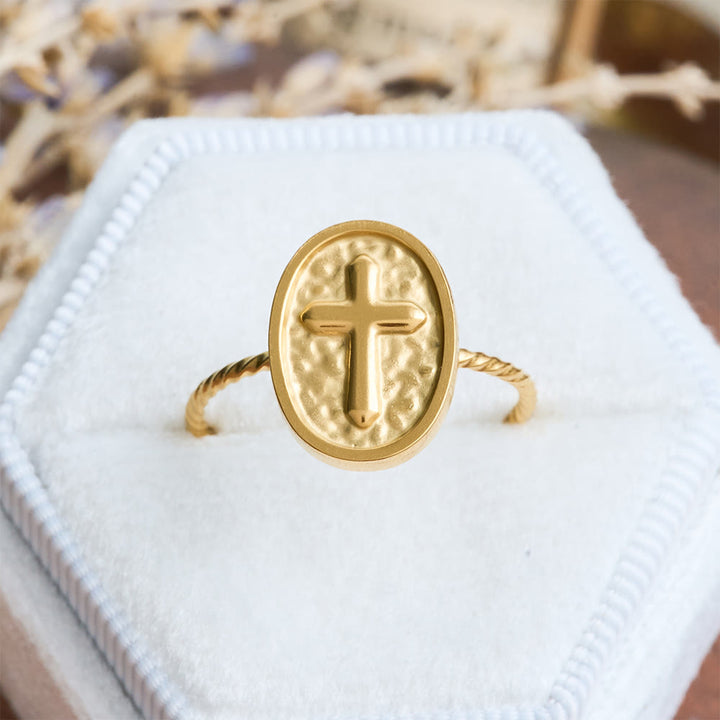 Christianartworkshop Hammered Oval Cross Twisted Band Ring: Rustic Token of Devout Blessing - Cross - image 0