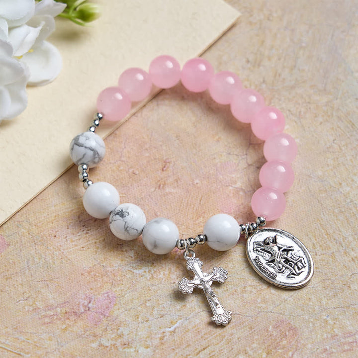Christianartworkshop Natural Howlite Stone St. Michael Bracelet: Light Blue & PInk Dual Spiritual Protection - Pink - image 0