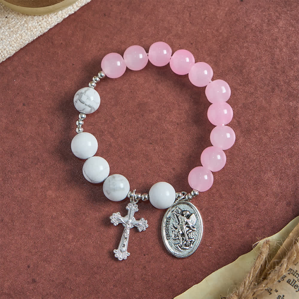 Christianartworkshop Natural Howlite Stone St. Michael Bracelet: Light Blue & PInk Dual Spiritual Protection - image 4