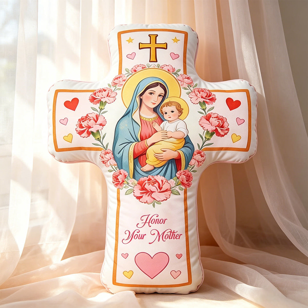 Christianartworkshop Floral Heart Pattern Madonna Cross Cushion: Warm Faith-Inspired Home Decor Pillow - 24" (60cm) - image 0