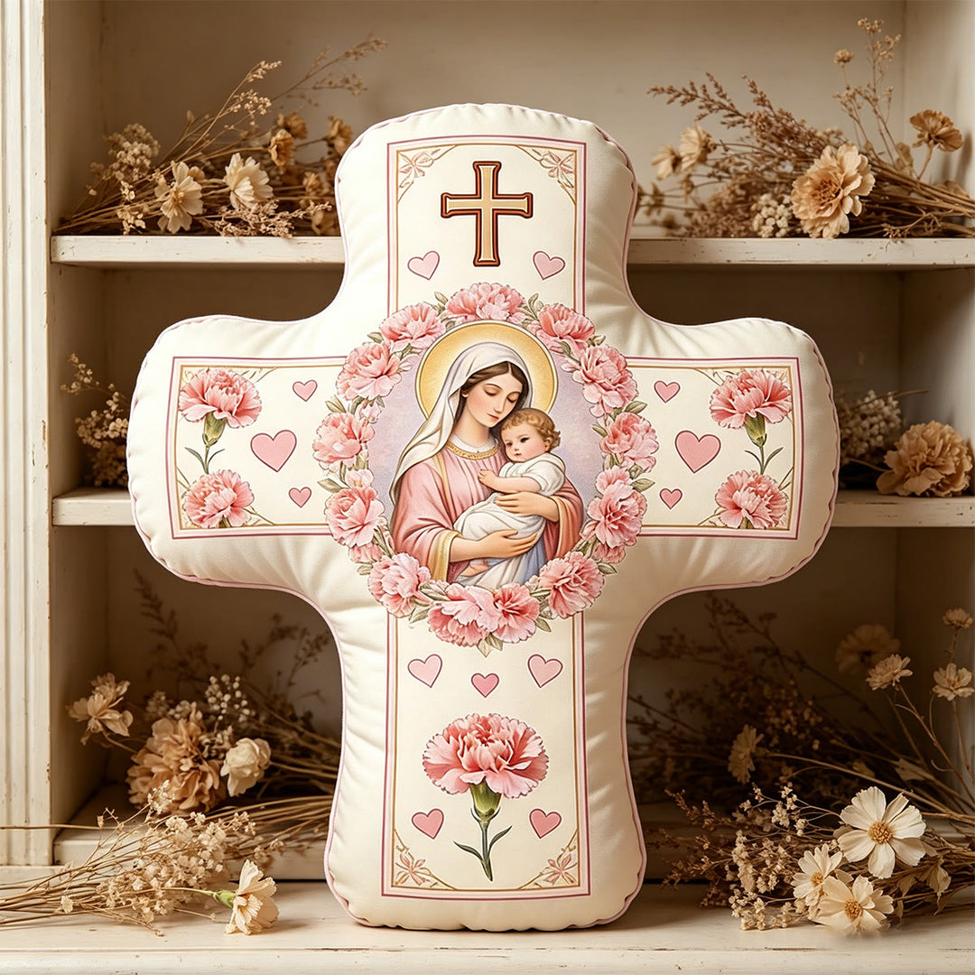 Christianartworkshop Our Lady And Holy Child Floral Cross Shaped Cushion: Sacred Symbol Of Tender Maternal Love & Eternal Grace - 24" (60cm) - image 0
