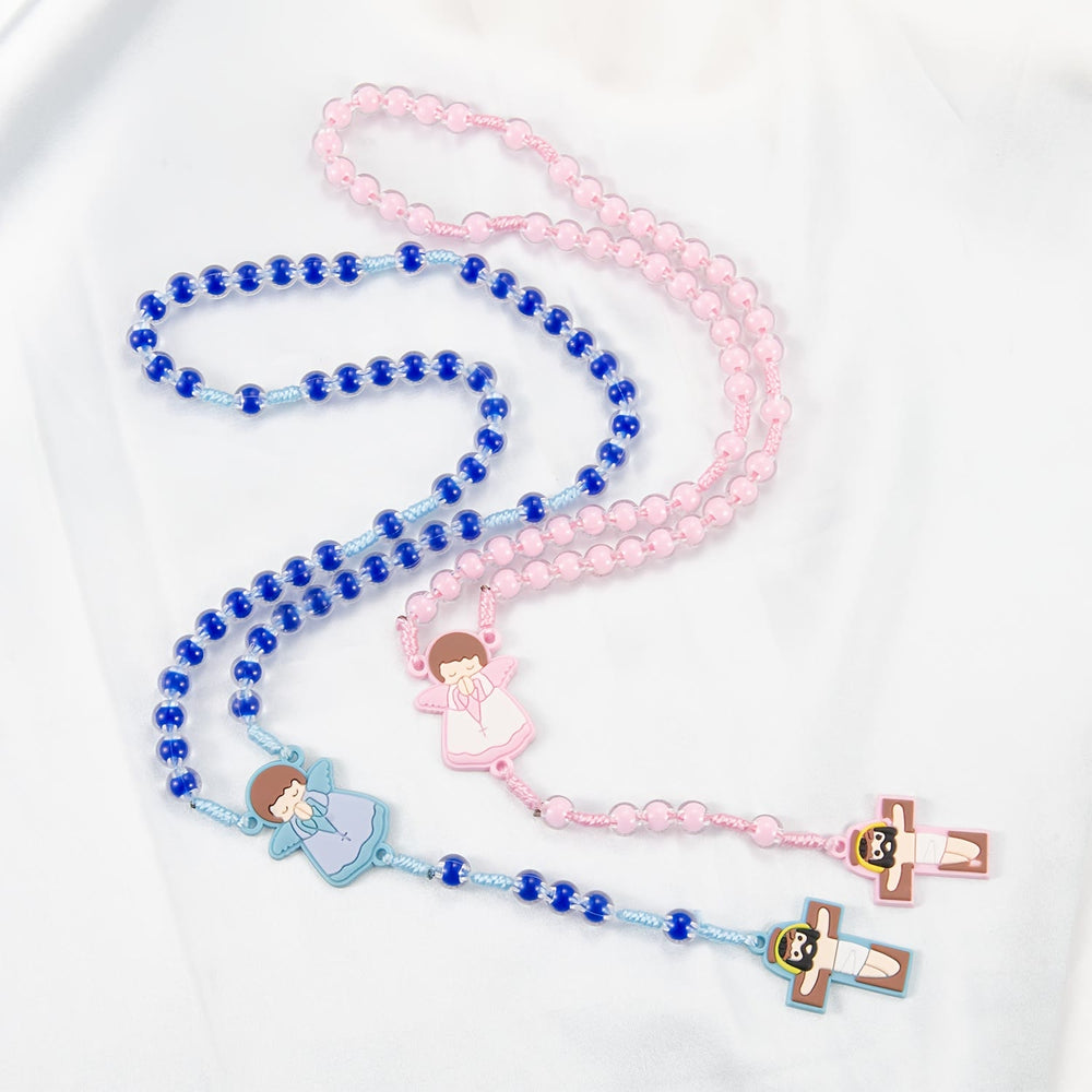 Christianartworkshop Children-Friendly Cartoon Rosary: Angel Medal & Cute Jesus Cross Pendant (Pink/Blue) - image 1