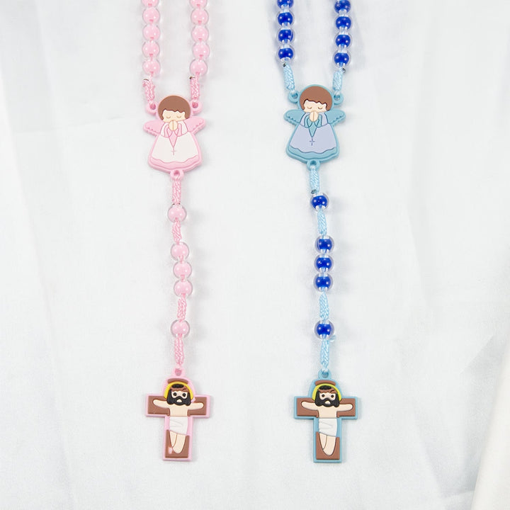 Christianartworkshop Children-Friendly Cartoon Rosary: Angel Medal & Cute Jesus Cross Pendant (Pink/Blue) - image 2