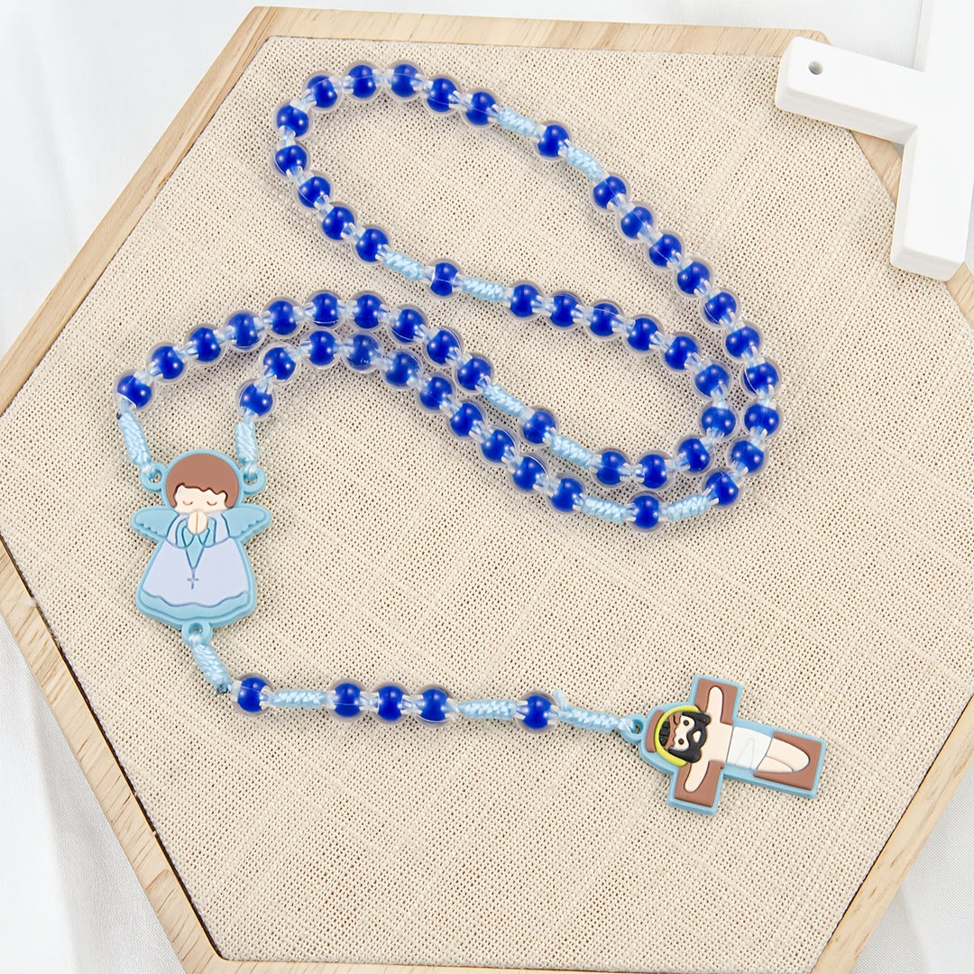 Christianartworkshop Children-Friendly Cartoon Rosary: Angel Medal & Cute Jesus Cross Pendant (Pink/Blue) - Blue - image 0