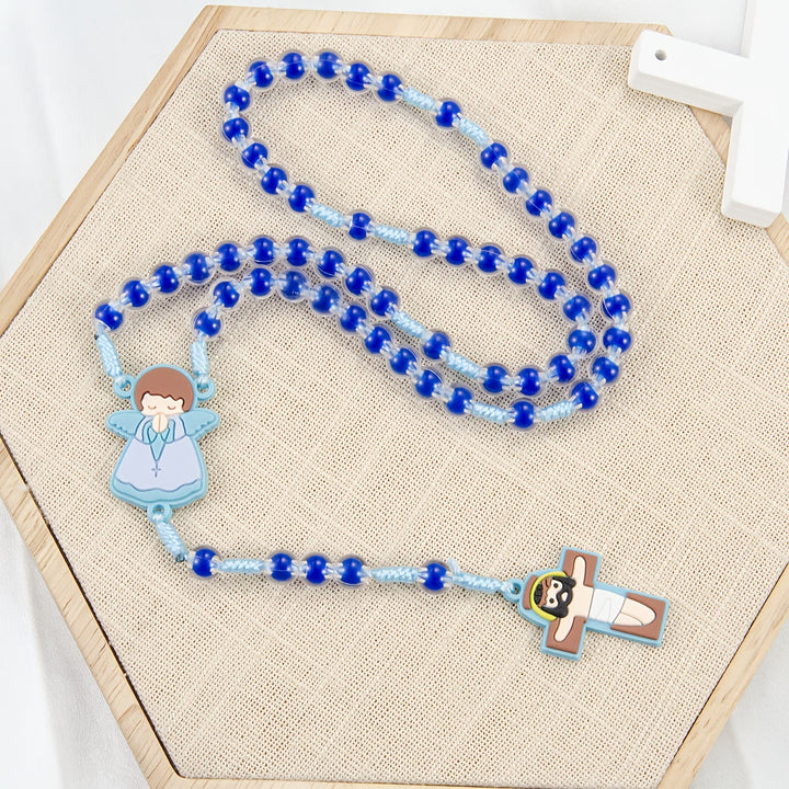 Christianartworkshop Children-Friendly Cartoon Rosary: Angel Medal & Cute Jesus Cross Pendant (Pink/Blue) - Blue - image 0