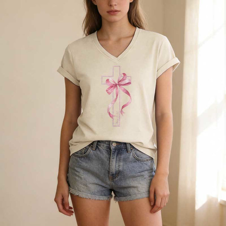 Christianartworkshop Cross With Pink Bow Graphic Casual V-neck T-shirt - image 7