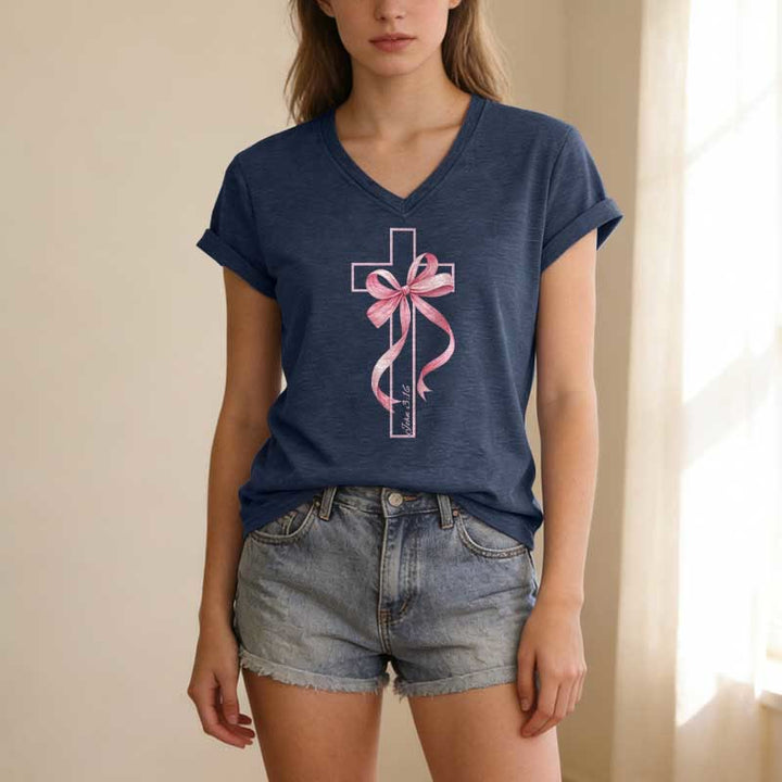 Christianartworkshop Cross With Pink Bow Graphic Casual V-neck T-shirt - image 19