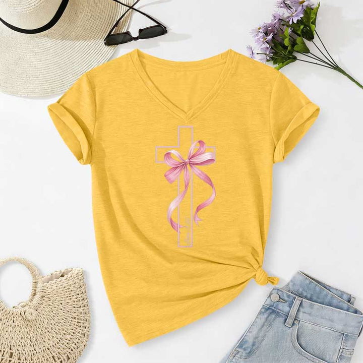 Christianartworkshop Cross With Pink Bow Graphic Casual V-neck T-shirt - Yellow - 2XL - image 8