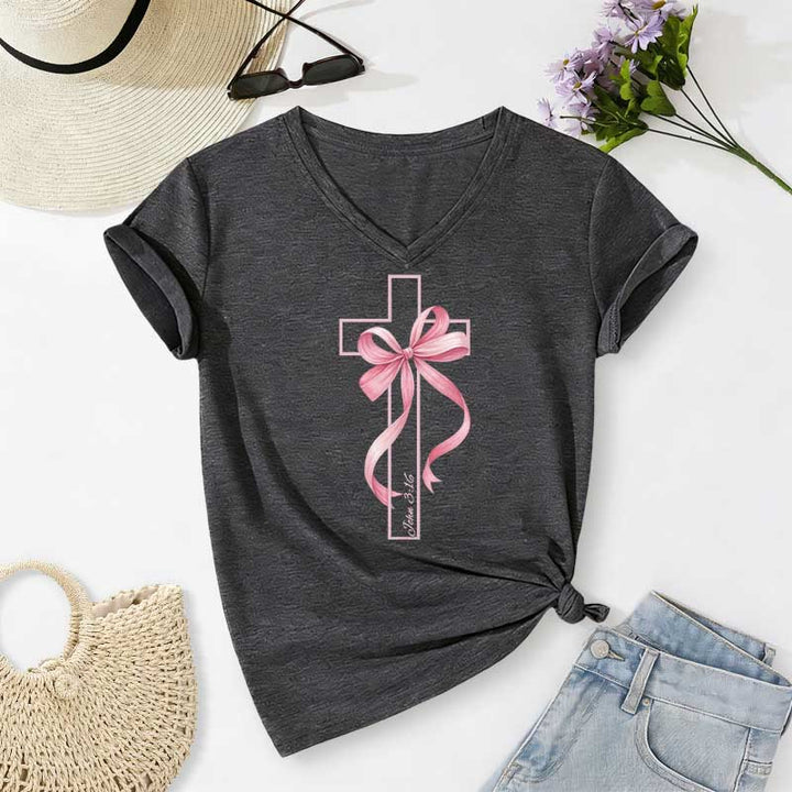 Christianartworkshop Cross With Pink Bow Graphic Casual V-neck T-shirt - Dark Grey - 2XL - image 20