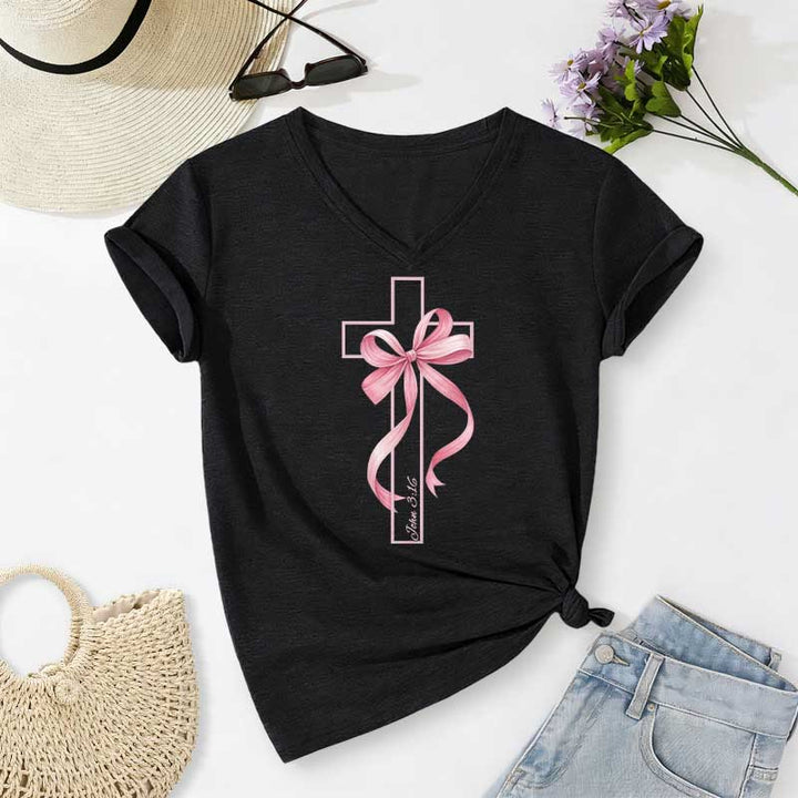Christianartworkshop Cross With Pink Bow Graphic Casual V-neck T-shirt - Black - 2XL - image 14