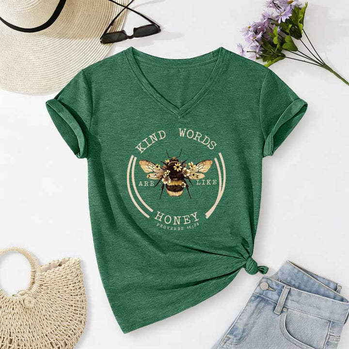 Christianartworkshop Kind Words Are Like Honey Proverbs 16:24 Bee Casual V-neck T-shirt - Dark Green - 2XL - image 14