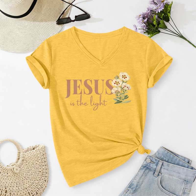 Christianartworkshop Jesus Is The Light Floral Casual V-neck T-shirt - Yellow - 2XL - image 8
