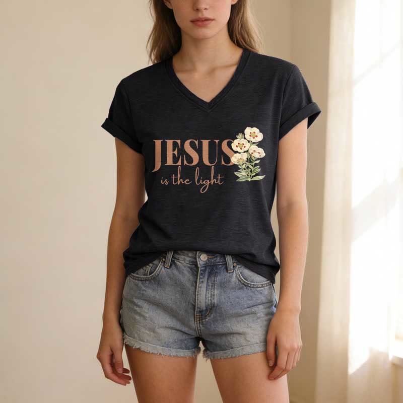 Christianartworkshop Jesus Is The Light Floral Casual V-neck T-shirt - image 15