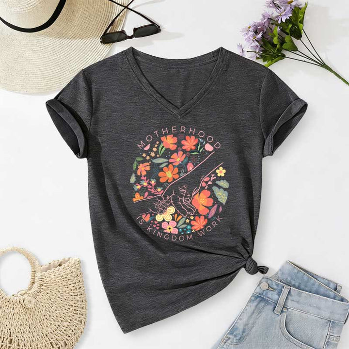 Christianartworkshop Motherhood Is Kingdom Work Floral Hand Casual V-neck T-shirt - Dark Grey - 2XL - image 20