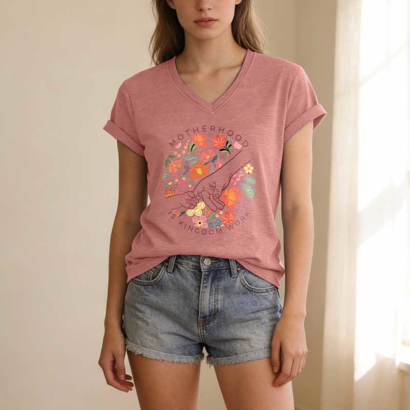 Christianartworkshop Motherhood Is Kingdom Work Floral Hand Casual V-neck T-shirt - image 11