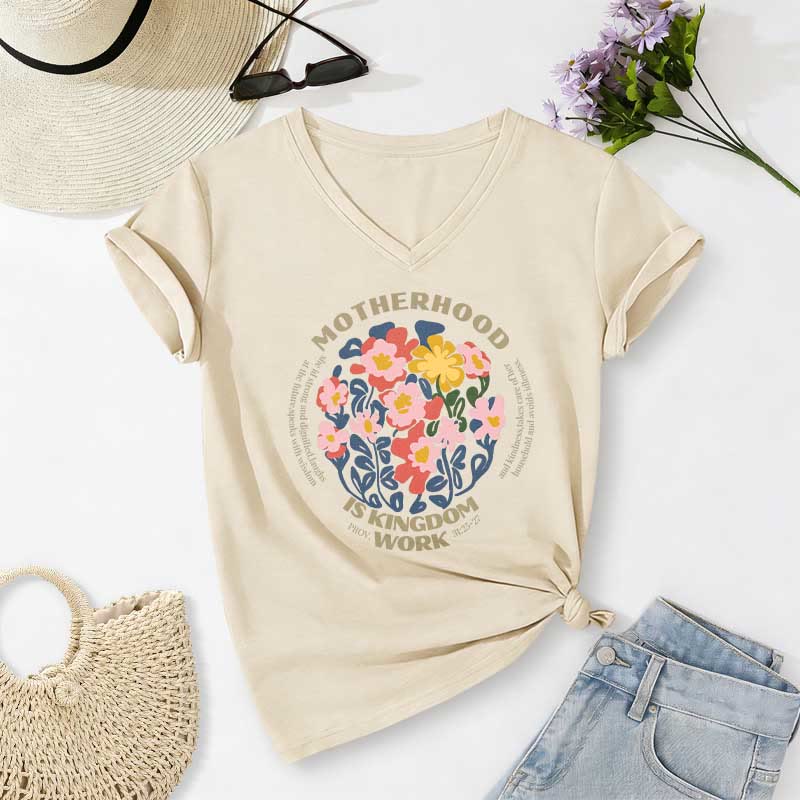 Christianartworkshop Boho Floral Motherhood Is Kingdom Work Casual V-neck T-shirt - Beige - 2XL - image 6