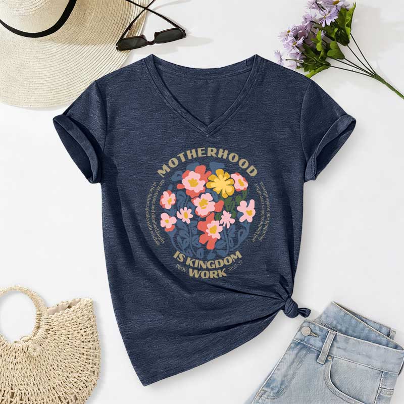 Christianartworkshop Boho Floral Motherhood Is Kingdom Work Casual V-neck T-shirt - Navy Blue - 2XL - image 18