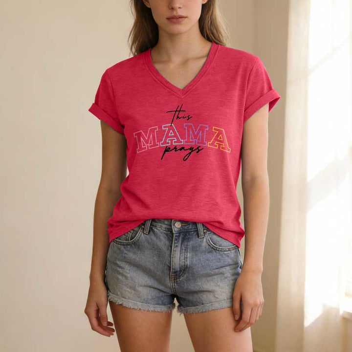 Christianartworkshop This Mama Prays Cross Casual V-neck T-shirt - image 23