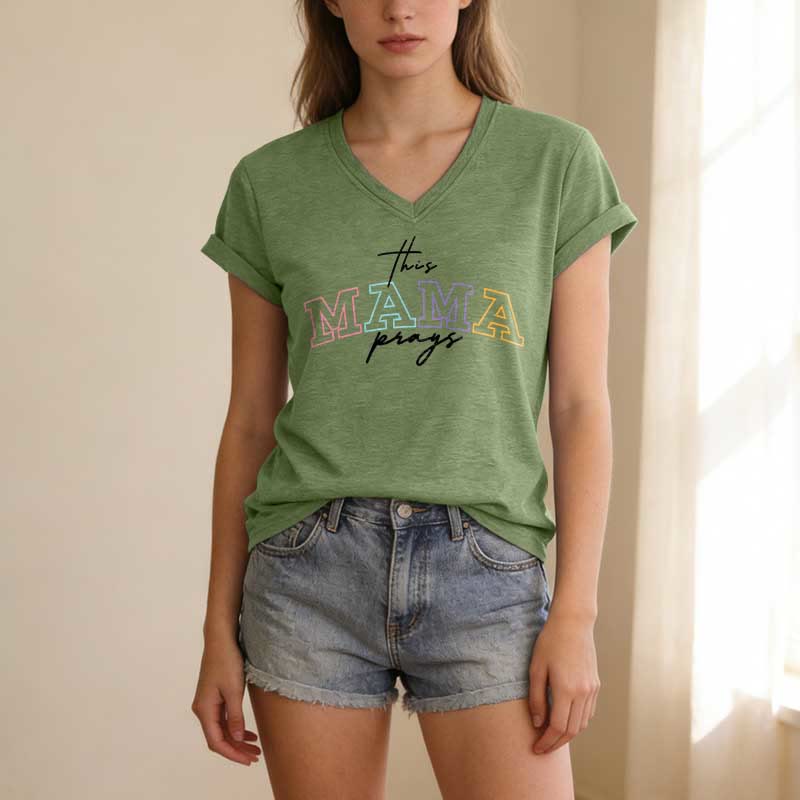 Christianartworkshop This Mama Prays Cross Casual V-neck T-shirt - image 3