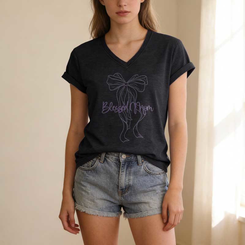 Christianartworkshop Blessed Mom Bow Graphic Casual V-neck T-shirt - image 15