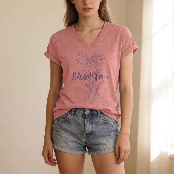 Christianartworkshop Blessed Mom Bow Graphic Casual V-neck T-shirt - image 13