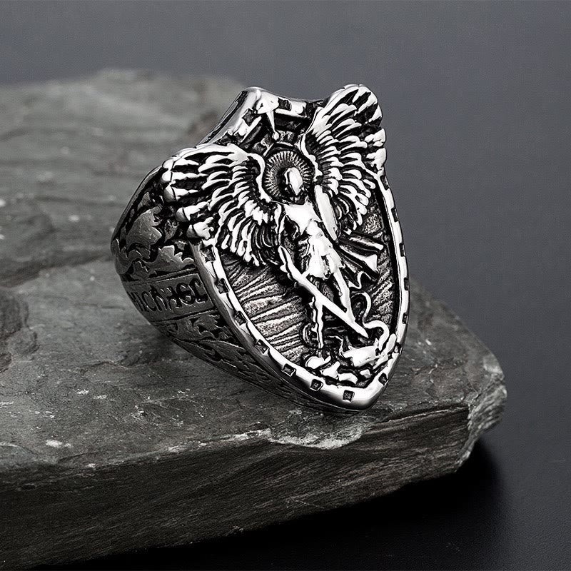 Christianartworkshop Shield Archangel St. Michael Ring: Two Tone Option Sacred Guardian Faith Finger Jewelry - Silver - US 13 - image 5