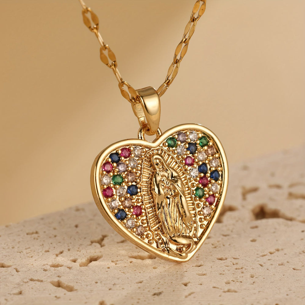 Christianartworkshop Heart Shaped Virgin Mary Necklace With Colorful Zircon: Sacred Symbol Of Marian Grace Faith Pendant - image 1