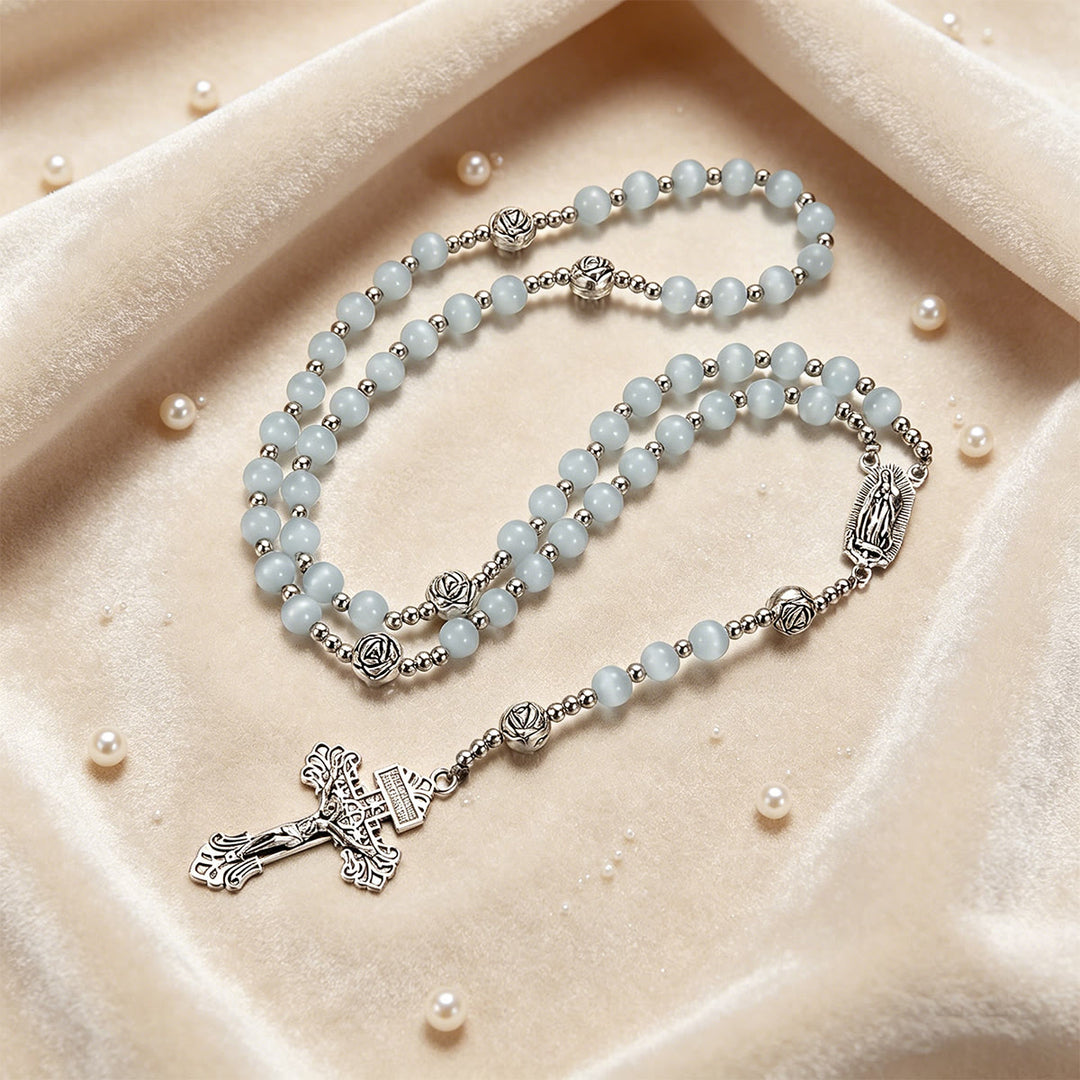 Christianartworkshop Luminous White Cat Eye Stone Rosary with Our Lady Medal & Ornate Crucifix - image 4