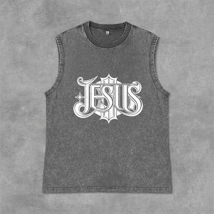 Christianartworkshop JESUS Gothic Letter Unisex Washed Tank Top - Grey - 2XL - image 3