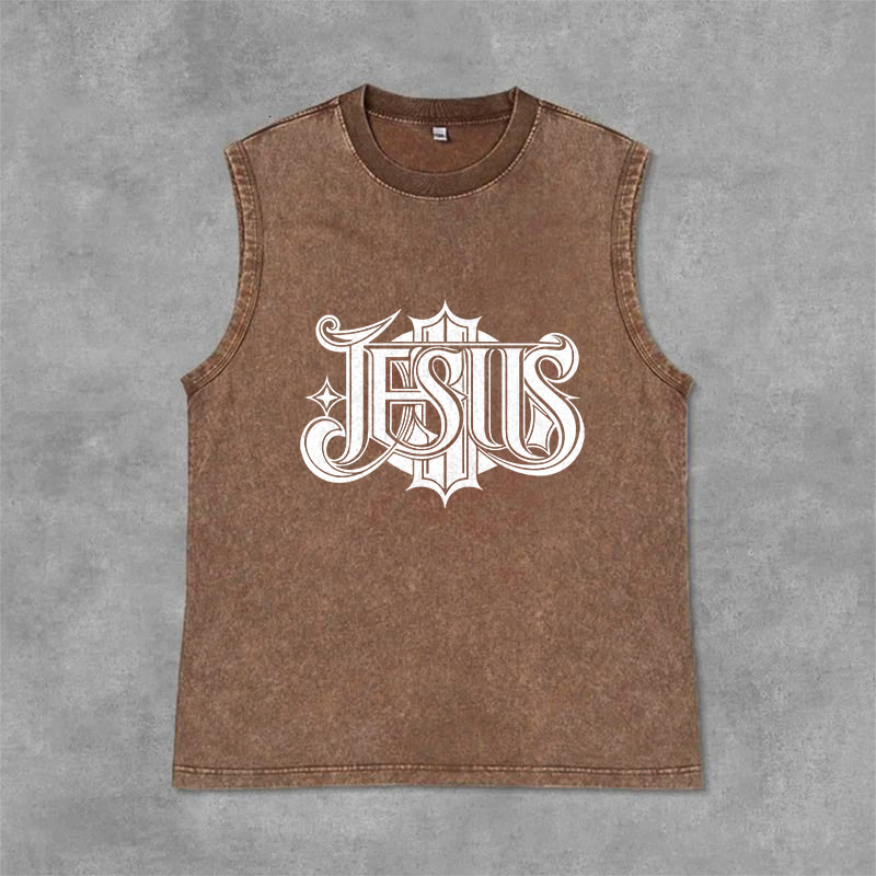 Christianartworkshop JESUS Gothic Letter Unisex Washed Tank Top - Brown - 2XL - image 6