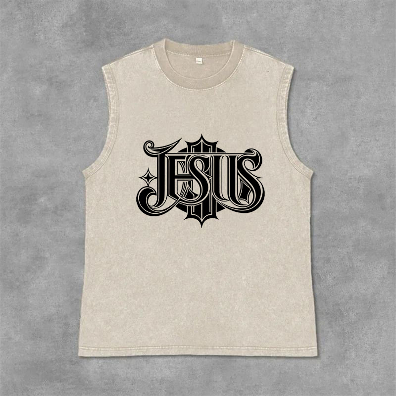 Christianartworkshop JESUS Gothic Letter Unisex Washed Tank Top - Beige - 2XL - image 9