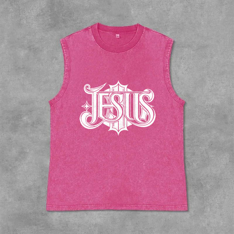 Christianartworkshop JESUS Gothic Letter Unisex Washed Tank Top - Pink - 2XL - image 12