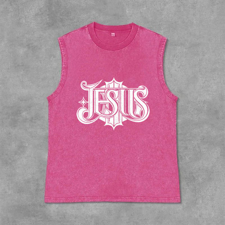 Christianartworkshop JESUS Gothic Letter Unisex Washed Tank Top - Pink - 2XL - image 12