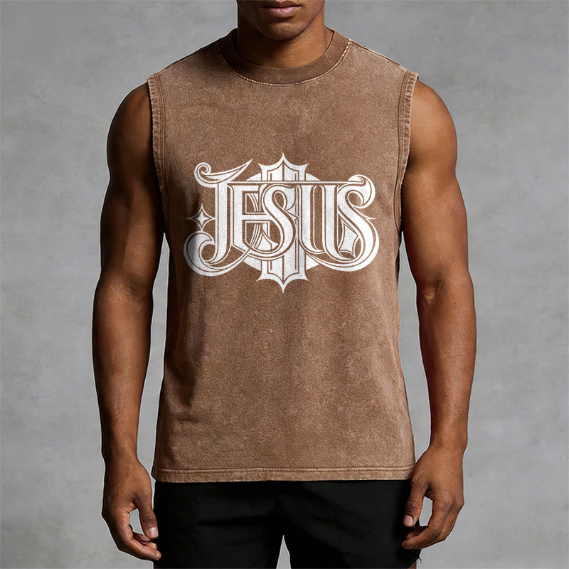 Christianartworkshop JESUS Gothic Letter Unisex Washed Tank Top - image 7