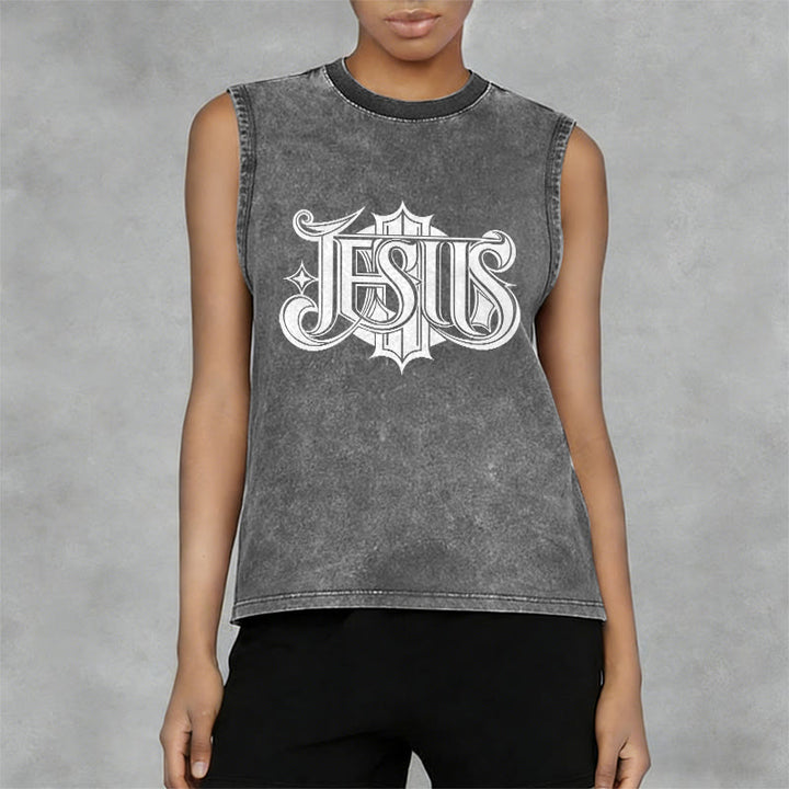 Christianartworkshop JESUS Gothic Letter Unisex Washed Tank Top - image 5