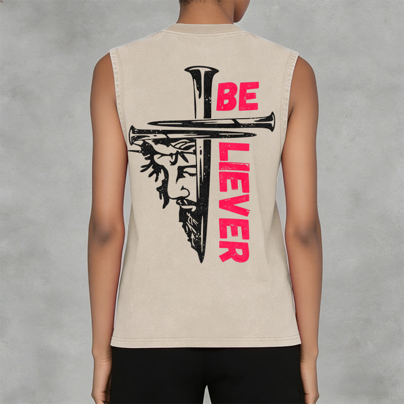 Christianartworkshop Be Believer Nail Cross Unisex Washed Tank Top - image 2
